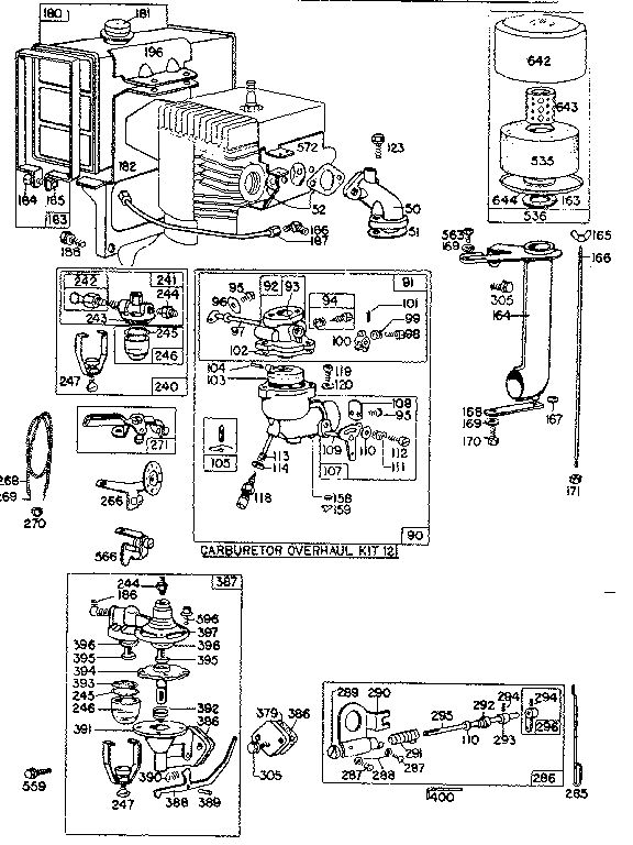 Carburetor Overhaul Kit And Fuel Tank Assembly Diagram and Parts List for 19D-FB 0010 - 0030 Briggs and Stratton Engine